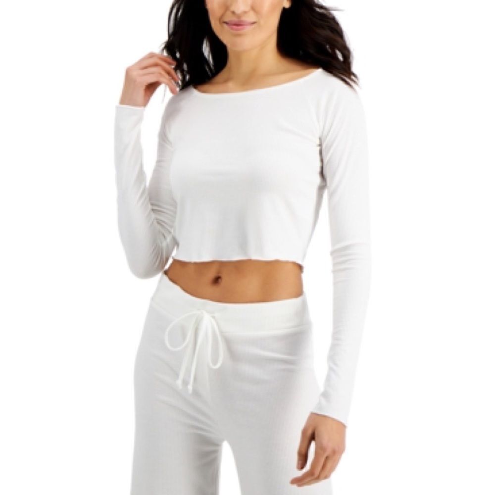 Jenni by Jennifer Moore White Ribbed Pajama Crop Top Shirt Small NWT